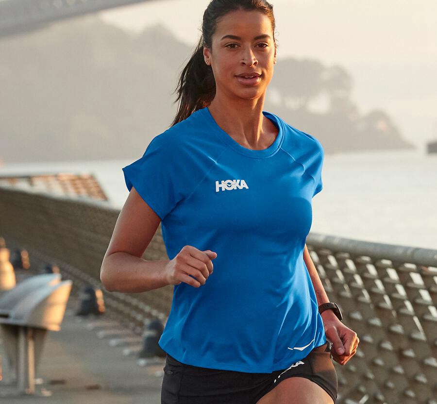 Hoka One One Top Dame - Performance Kort Sleeve - Blå - 726913RKV